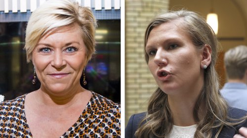 Frps Siv Jensen (t.v.) får krass kritikk fra Aps Marianne Marthinsen (t.h.) i forbindelse med det reviderte budsjettet.