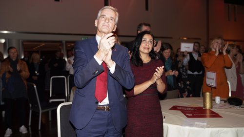 AVMÅLT JUBEL: Partileder Jonas Gahr Støre og nestleder Hadia Tajik tok ikke helt av under valgvaken til Arbeiderpartiet i Folkets Hus i Oslo.