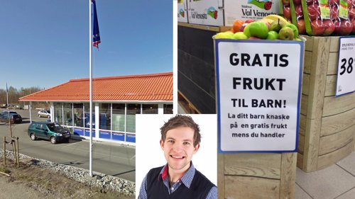 RAUSE: Rema 1000 i Skjeberg og kjøpmann Christoffer Andersen (innfelt) har fått masse positiv feedback, etter at de innførte gratis frukt for alle barn i butikken.