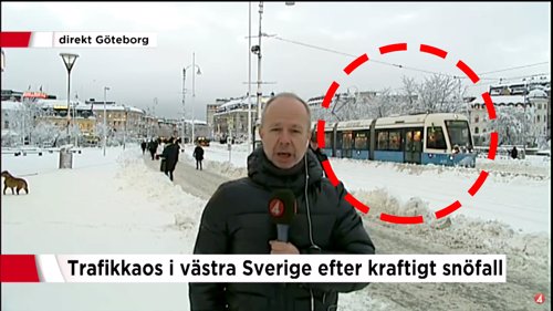 SER INGEN TRIKK: Den svenske reporteren kan melde at det ikke finnes trikker i området.